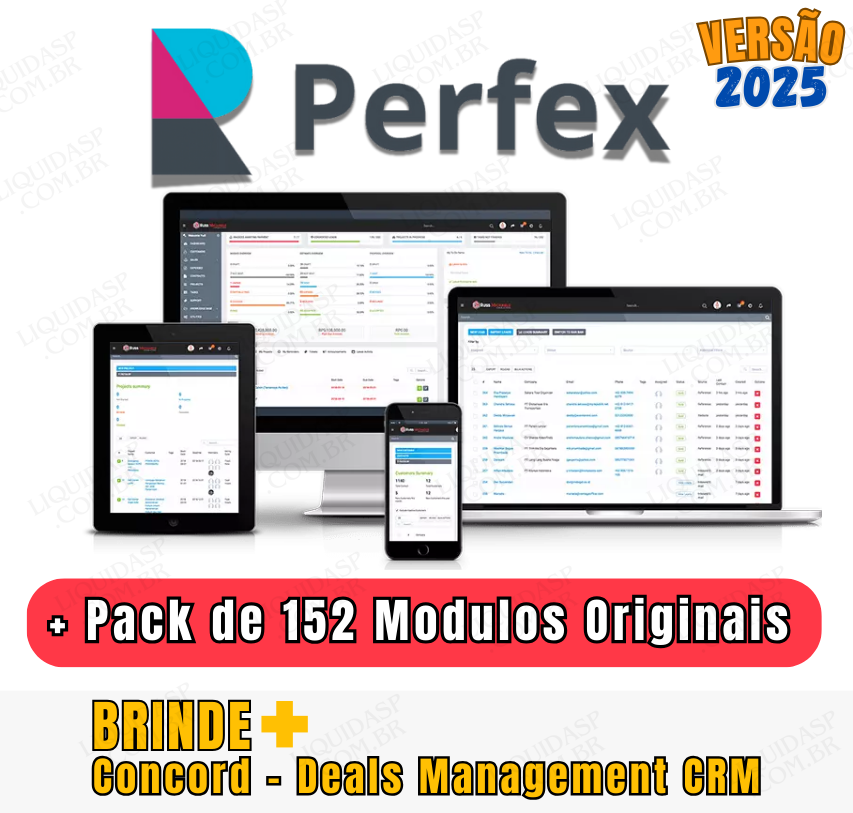 Perfex CRM 3.4.0 + Pacote C/ 152 Módulos